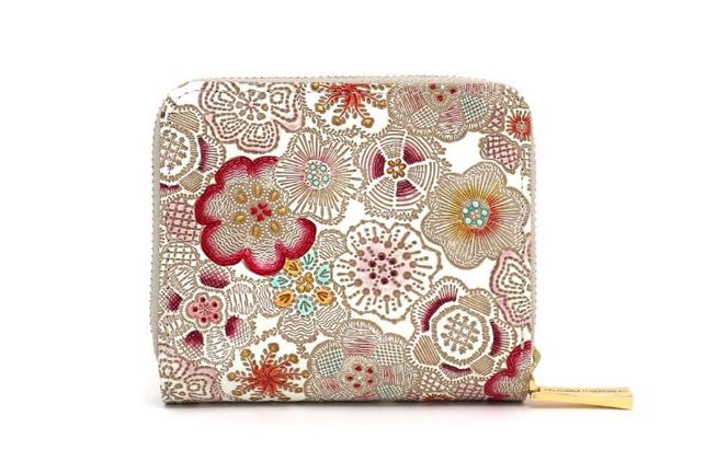 【文庫屋大関】二つ折りファスナーミニ財布 春らんまん＜茜＞【皮革工芸品】財布 二つ折り 小物 お札 カード 小銭 コンパクト 牛革 手作り 日本製 墨田区 東京都