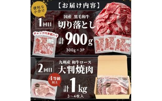 【定期便 全2回】国産 黒毛和牛2種お楽しみ定期便(計1.9kg) t0029-001