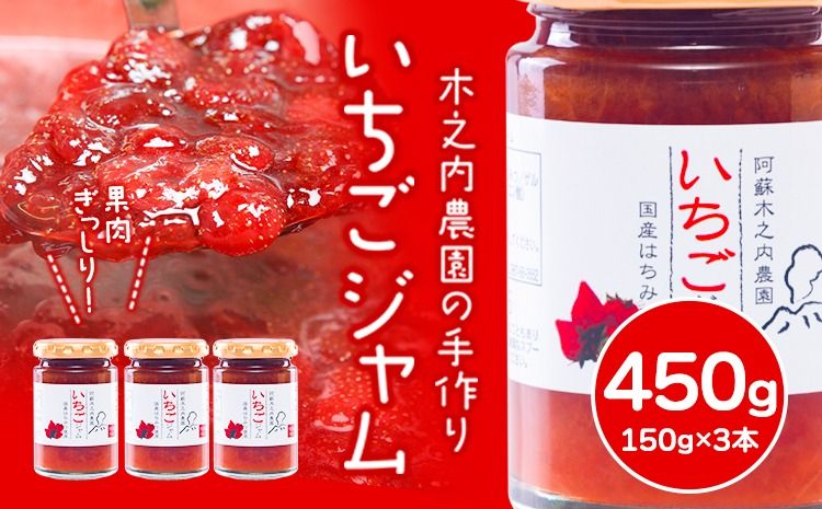 いちご ジャム 果実 ぎっしり!木之内農園の手作りいちごジャム 450g (150g×3本) [30日以内に出荷予定(土日祝を除く)] 熊本県 南阿蘇村 イチゴ 苺 大粒---isms_kinonsb_30d_r7_8000_450g---