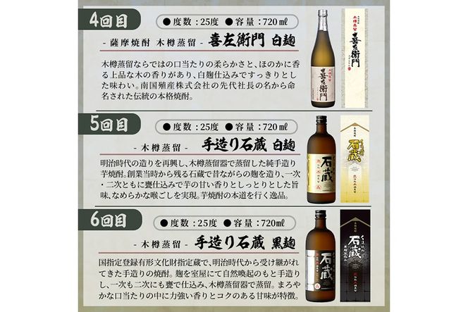 a1102 ＜定期便・全6回＞鹿児島本格芋焼酎飲み比べ！白金酒造 王道芋焼酎6本セット小(900ml×2本、720ml×4本)白金乃露白麹・黒麹 喜左衛門黒麹・白麹 手造り石蔵白麹・黒麹 【南国リカー】姶良市 定期便 酒 焼酎 本格芋焼酎 芋焼酎 飲み比べ 木樽蒸留
