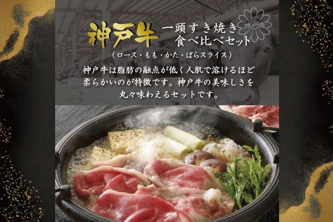 一頭すき焼き食べ比べ（800g）  [肉 牛肉 神戸牛 最高級肉 神戸ビーフ 神戸肉 但馬牛 ロース もも かた ばら スライス 食べ比べ すき焼き お取り寄せ 加東市 兵庫県]