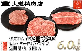 【年6回奇数月発送】伊賀牛 A5ヒレ・サーロイン・イチボ 定期便A 総合計約6.0kg【dido-tkb0004】
