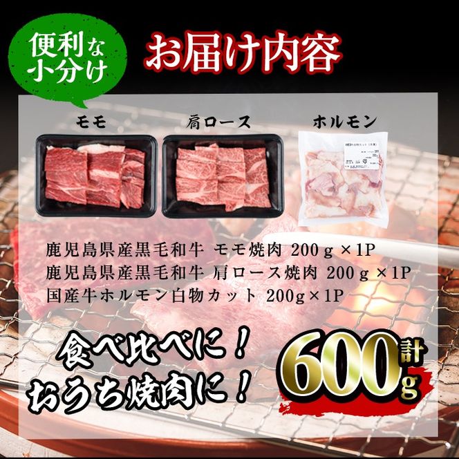 【焼肉3種！食べ比べセット】鹿児島県産黒毛和牛 モモ・肩ロース・国産ホルモンの焼肉3種セット＜計600g＞ a4-080