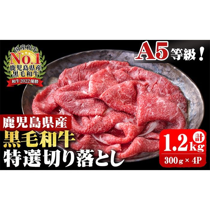 A5等級!鹿児島県産 黒毛和牛特選切り落とし 計1,200g (300g×4P) b0-163-D