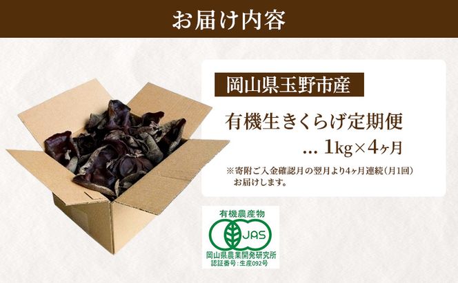 【 産地直送 】 有機JAS 生きくらげ 定期便 1kg×4ヶ月 オーガニック きくらげ きのこ 野菜 岡山県 玉野市 栽培期間中化学肥料不使用 栽培期間中農薬不使用 野菜セット 