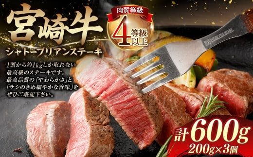 ＜≪肉質等級4等級以上≫宮崎牛シャトーブリアンステーキ（600g）＞入金確認後、翌月末までに順次出荷【c1410_tu】 200g×3 宮崎牛 牛肉 肉 お肉 黒毛和牛 ブランド肉 ヒレ シャトーブリアン ステーキ 希少部位 最高級 柔らかい サシ 冷凍 国産