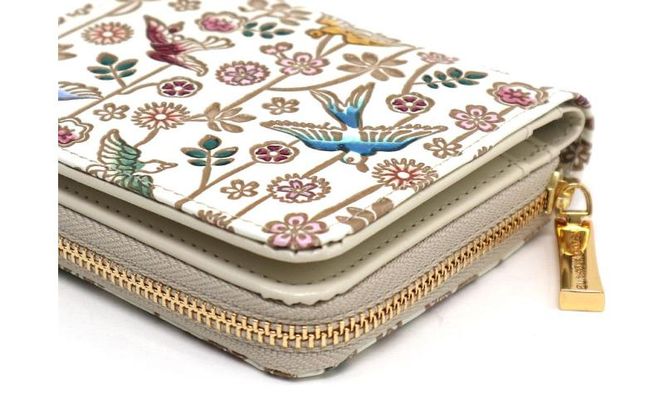 【文庫屋大関】二つ折りファスナーミニ財布 枝垂れ花鳥【皮革工芸品】財布 二つ折り 小物 お札 カード 小銭 コンパクト 牛革 手作り 日本製 墨田区 東京都