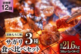 AK095 【12回定期便】 雲仙もみじ豚 サガリ 3種 食べ比べ セット 計1.8kg（300g×3種×各2パック） [ 肉 豚 豚肉 ブタ サガリ 食べ比べ 冷凍 味付き 小分け ダイニング味遊 長崎県 島原市 ]