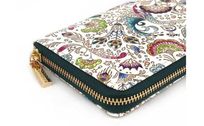 【文庫屋大関】 大容量　ぐるっとファスナーの長財布　孔雀【皮革工芸品】 ファッション小物 民芸品 