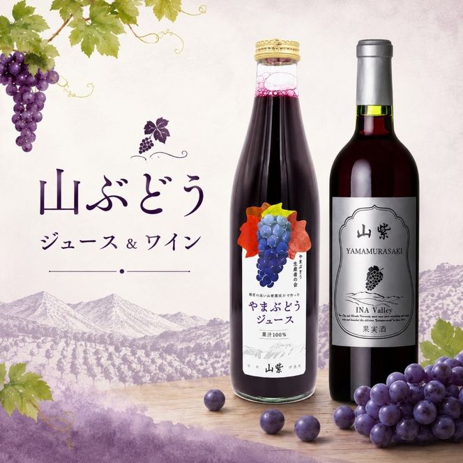 伊那市産 山ぶどうジュース720ml＆山ぶどうワイン720ml セット | 飲料 ジュース やまぶどう お酒 ワイン セット 伊那市 長野県 信州【018-29】