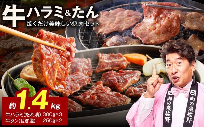 099H4762 大人気 ファミリー向け 焼肉セット 牛たん 牛ハラミ肉 合計1.4kg【牛肉 焼くだけ 小分け BBQ やきにく 数量限定】