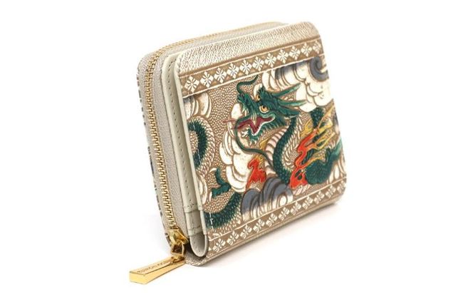 【文庫屋大関】二つ折りファスナーミニ財布 龍＜緑＞【皮革工芸品】財布 二つ折り 小物 お札 カード 小銭 コンパクト 牛革 手作り 日本製 墨田区 東京都