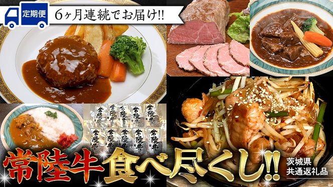 【茨城県共通返礼品】【定期便】 【6回コース】 常陸牛 食べ尽くし 定期便 （6ヶ月連続でお届け） 牛肉 黒毛和牛 国産 贅沢 ビーフシチュー ハンバーグ ローストビーフ 牛もつ ホルモン 簡単 お手軽 [AU035ya]