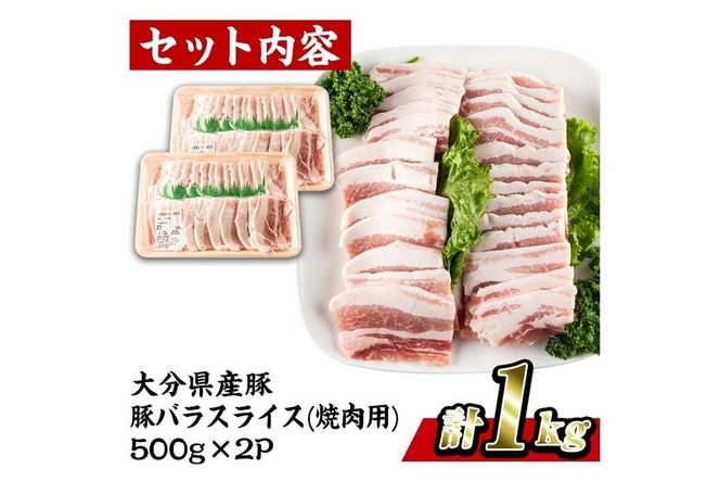 大分県産 豚バラ スライス (計1kg・500g×2P) 小分け 豚肉 豚バラ スライス 焼肉 おかず 豚丼 惣菜 大分県 佐伯市【BD199】【西日本畜産 (株)】
