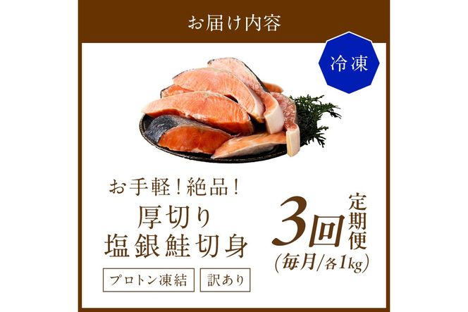お手軽！絶品！厚切り　塩銀鮭切身 約1kg（プロトン凍結　訳あり　不揃い）　定期便　月1回×3ヵ月　YK00364