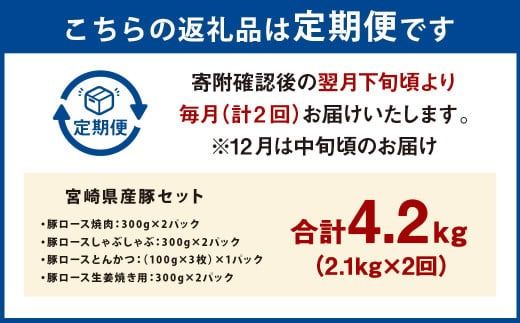 【2ヶ月定期便】＜宮崎県産豚セット（計2.1kg×2回）＞ お申込みの翌月下旬頃に第一回目発送（12月は中旬頃） 豚肉 お肉 肉 新生活応援 卒業祝い 就職祝い 入学 卒業 お花見 引越し【c1382_mc_x3】