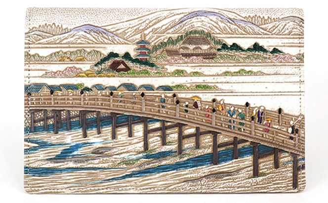 【文庫屋大関】パーソナルホルダー　浮世絵　三条大橋【皮革工芸品】 ファッション 小物 シンプル パスポートケース 病院セット 型押し 大関卯三郎 牛革 