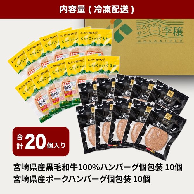 宮崎県産黒毛和牛100%ハンバーグ個包装(10個/冷凍)・ 宮崎県産ポークハンバーグ個包装(10個/冷凍) K16_0157