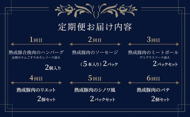 【6ヶ月連続お届け】【長谷川自然牧場産豚肉使用】【お家レストラン】レストラン山崎　満喫定期便  熟成豚肉使用　ハンバーグ2パック/ソーセージ【5本入り】2パック/ミートボール2パック/リエット2個/シノワ風2パック/熟成豚肉のパテ2個