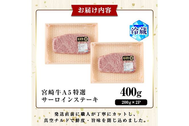 新鮮チルド便 宮崎牛 A5 特選 サーロイン ステーキ(計400g・200g×2P) 和牛 BBQ アウトドア キャンプ 小分け パック 冷蔵 真空パック ブランド牛 ランク パーティー ご褒美 おかず【OT-05】【KNOT合同会社】