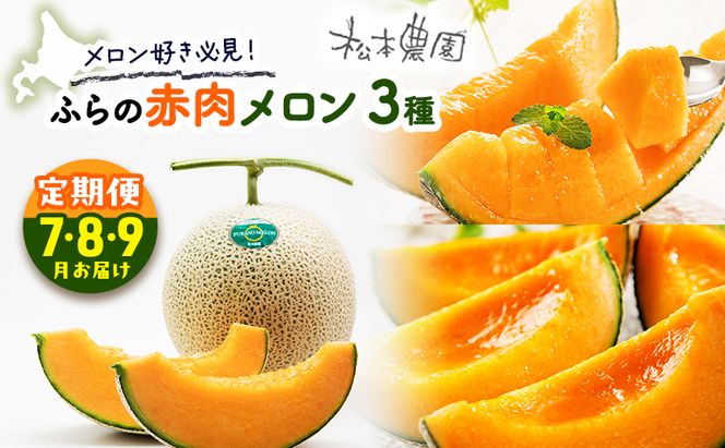 【2026年7～9月連続お届け】メロン 好き必見！ ふらの 赤肉 メロン3種 贅沢 定期便 北海道 富良野市 食べ比べ  (松本農園) メロン フルーツ 果物 新鮮 甘い 贈り物 ギフト 道産 ジューシー おやつ ふらの ブランド 夏 