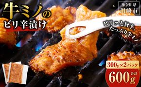 牛ミノ ピリ辛漬け 600g ( 300g ×2パック ) 小分け 個包装 便利 牛肉 ホルモン ミノ 焼肉 焼き肉 お肉 肉 焼くだけ 冷凍 たれ 味付き BBQ アウトドア キャンプ 人気 おすすめ 神奈川 川崎【12月発送】【kw0096-0017-12】