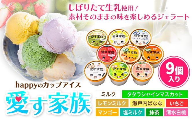 愛す家族 カップアイス 9個入り 笠岡ジェラート 工房ハッピーのカップアイス ハッピー＆甲和株式会社 ジェラート アイス ミルク たたらシャインマスカット 清水白桃 いちご  瀬戸内バナナ マンゴー 岡山県 笠岡市---A-35a---