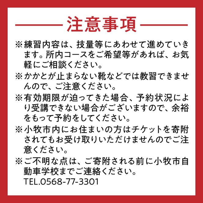 小牧市自動車学校のペーパードライバー教習(1時限分)チケット ［186A02］ 小牧市自動車学校 ペーパードライバー 教習 1時限分 チケット 1枚 路上コース 小牧市内 観光スポット巡り 初心者 サポート 運転 不安解消 ドライビングレッスン 自動車学校 愛知県 小牧市 送料無料