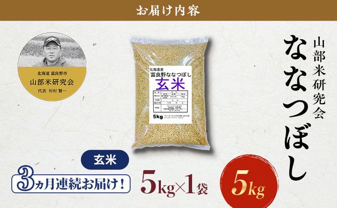 【令和7年度産】◆3ヵ月定期便◆ 富良野 山部米研究会【 ななつぼし 】玄米 5kgお米 米 ご飯 ごはん 白米 令和7年 令和7年産 定期便 定期 送料無料 北海道 富良野市 道産 直送 ふらの