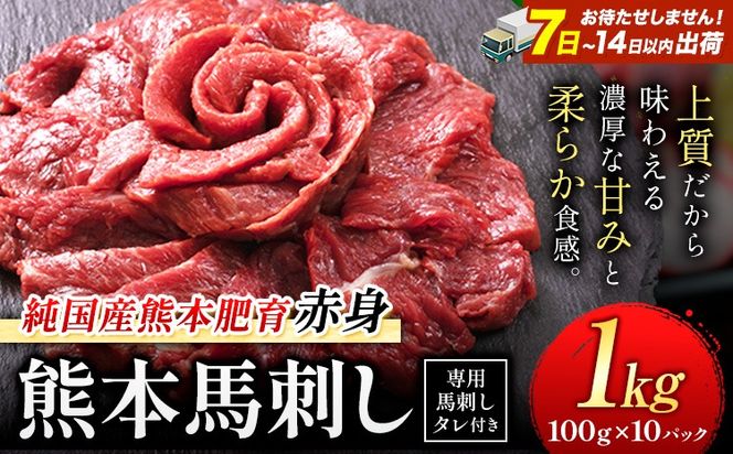 馬刺し 赤身 馬刺し 1kg 【純 国産 熊本 肥育】 たっぷり 1kg 約100g×10 ブロック (タレ 5ml×10袋) 生食用 冷凍《7-14日以内に出荷予定(土日祝除く)》送料無料 国産 絶品 馬肉 肉 ギフト---gkt_fjst10_wx_r8_26000_1000g---