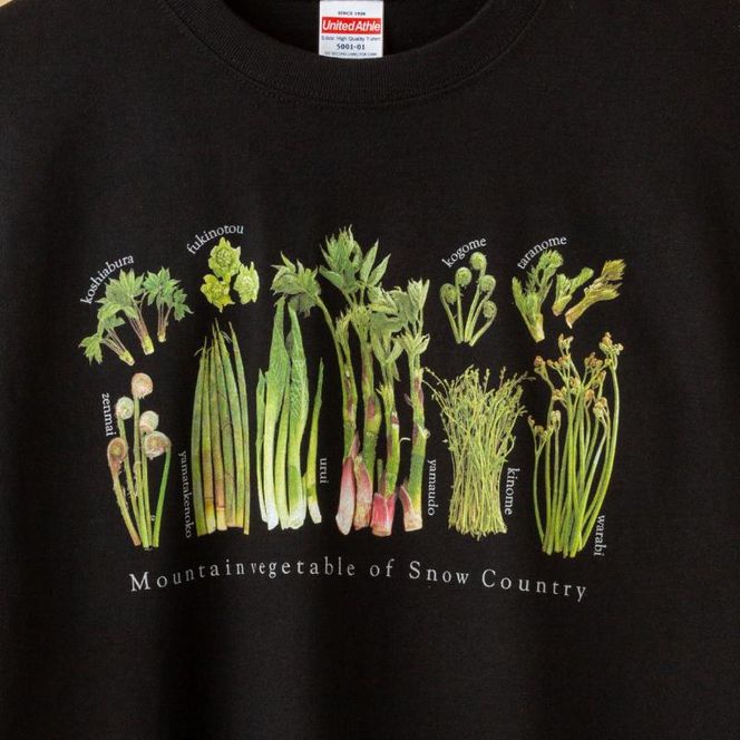 世界で唯一!着る山菜!!【山菜図鑑Tシャツ・黒】綿100% 半袖 ファッション メンズ レディース 洋服 新潟 
