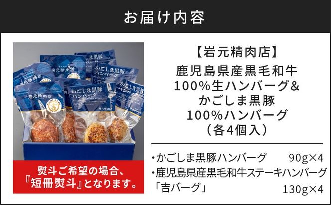 【7営業日以内に発送】【岩元精肉店】鹿児島県産黒毛和牛100%生ハンバーグ& かごしま黒豚100%ハンバーグ(各4個入)　K045-013