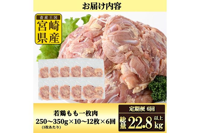 【定期便・全6回】宮崎県産若鶏もも肉(総量22.8kg以上・鶏もも一枚肉250～350g×10～12枚×6回) お肉 鳥肉 とり肉 鶏肉 若鶏 もも肉 国産 宮崎県産 唐揚げ から揚げ からあげ 冷凍 便利 【南九フーズ】【NK-23】