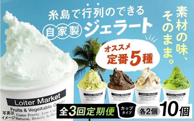 ジェラート アイス 【全3回定期便】ジェラート カップ 10個セット：おすすめ5種類×各2個( ピスタチオ 塩 抹茶 ビターチョコ キャラメル ) 糸島市 / LoiterMarket ロイターマーケット [AGD017]  アイスクリーム