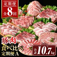 isa653 【定期便8回】豚肉食べ比べ定期便A(合計10.7kg) 国産 切り落とし バラスライス 肩ロース ロース しゃぶしゃぶ 生姜焼き とんかつ 真空包装 真空パック 小分け ぶたにく 豚 肉 詰合せ 冷凍 【サンキョーミート株式会社】