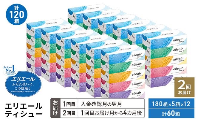 【2回お届け 計120箱】エリエール ティシュー 180組5箱 12パック ティッシュペーパー 箱ティッシュ ボックスティッシュ 紙 まとめ買い 防災 常備品 備蓄品 消耗品 日用品 生活必需品 送料無料 赤平市 ストック 