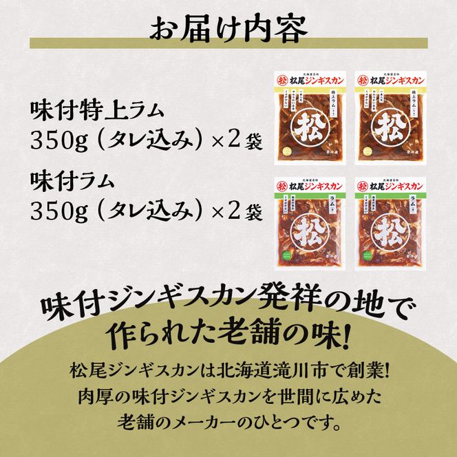 ラム食べ比べセットB 計1.4kg 味付特上ラム 味付ラム 各350g×2 仔羊 ラム ジンギスカン 味付 肩肉 特上 食べ比べ セット 詰合