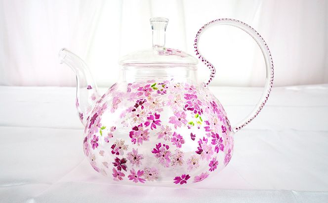 【絵付け手描き】ランプティーポット1個、カップ＆ソーサー (2客) 3点セット 「オカメ桜」 筒井啓子作 | ティーセット 耐熱ガラス 硝子 食器 おしゃれ 一点もの