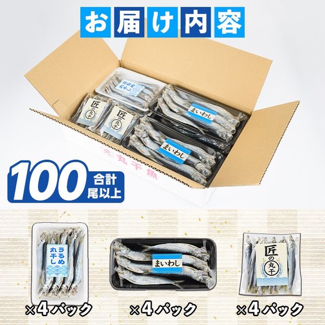 数量限定！イワシ丸干し3点セット(合計100尾以上) 国産 鹿児島県産 阿久根市産 魚 魚介 水産 いわし 鰯 ウルメイワシ うるめいわし めざし マイワシ まいわし 食べ比べ セット 詰め合わせ【鈴木海産】akn091-01