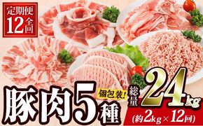 ＜定期便・全12回 (毎月)＞ 豚肉 バラエティーパック (2kg×12回・総量24kg) 豚バラ しゃぶしゃぶ 鍋 とんかつ ロース 小分け 個包装 豚こま 小間切れ スライス ミンチ 5種 セット 詰め合わせ 冷凍 食べ比べ 国産 大分県 佐伯市【BD323】【西日本畜産】