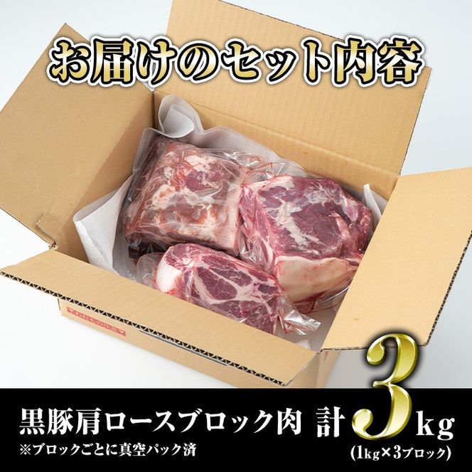 C0-07 鹿児島県産豚肉！黒豚ブロック肉(肩ロース)1kg×3ブロック(計3kg) 国産 鹿児島 九州産 豚 豚肉 肩 ロース チャーシュー 焼豚 BBQ バーベキュー キャンプ アウトドア 冷凍 冷凍便 【財宝】C0-07 鹿児島県産豚肉！黒豚ブロック肉(肩ロース)1kg×3ブロック(計3kg) 国産 鹿児島 九州産 豚 豚肉 肩 ロース チャーシュー 焼豚 BBQ バーベキュー キャンプ アウトドア 冷凍 冷凍便 【財宝】