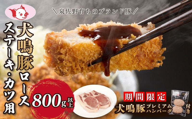 010B1426-1 [期間限定]犬鳴豚 ロースステーキ カツ用 800g以上+手作りプレミアムハンバーグ(2個入り)[国産 豚肉 泉佐野ブランド豚 犬鳴ポーク]