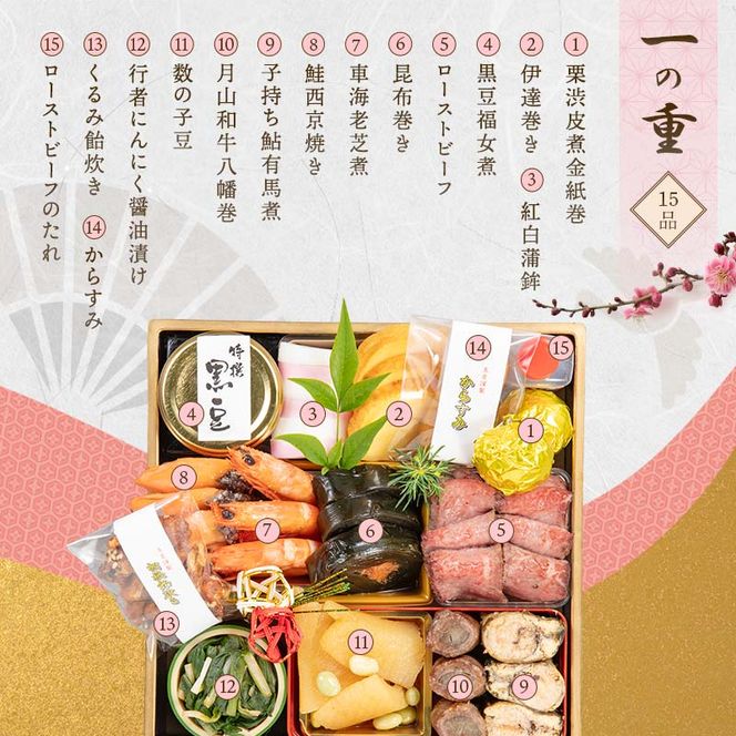 FYN9-232 ≪先行予約≫ 新春 2027年 特製おせち 山菜料理専門料亭「玉貴」三段重(2～3人前) 34品 月山和牛芋煮鍋付 2026年12月31日お届け 年内 年末 お届け 贈答品 冷蔵品 料亭 高級 おせち お節 重箱 和風 山菜 ローストビーフ いくら 料理 グルメ 食品 縁起物 正月 元旦 ギフト プレゼント 贈答 贈り物 自宅 家庭 山形県 西川町 月山