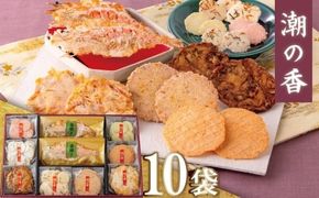 ワンランク上の海鮮煎餅詰合せ「潮の香10袋(9種)」 　海老 えびせん 海老姿焼き 贈り物 ギフト お歳暮 せんべい おつまみ 海鮮 乾物 和菓子 醤油味 お菓子 おやつ 煎餅 梅 わさび 小分け 海鮮せんべい えびせん家族 人気 H011-138