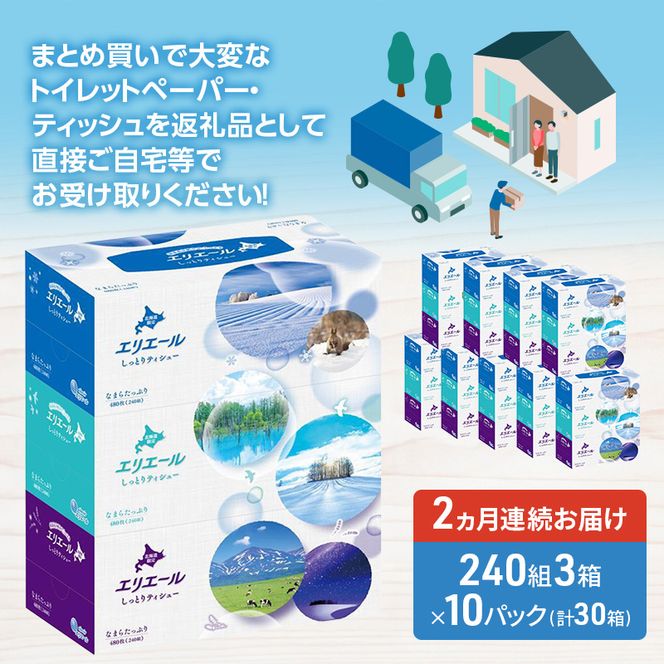 【2ヵ月連続お届け・計60箱】エリエール 北海道 しっとりティシュー なまらたっぷり 240組3箱 10パック ふるさと納税限定デザイン ボックスティシュー 箱ティッシュ ペーパー 備蓄品 花粉 保湿成分