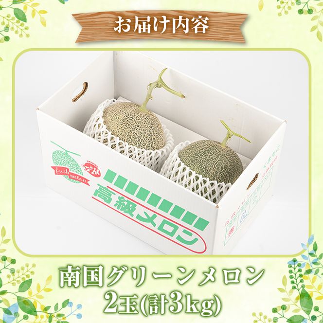 ＜先行予約受付中！2026年6月下旬以降順次発送予定＞数量限定！鹿児島県産南国グリーンメロン(2玉・計3kg) 数量限定 メロン フルーツ 青肉 果物 くだもの 果実 国産 九州産 鹿児島県産【松永青果】akn053-03