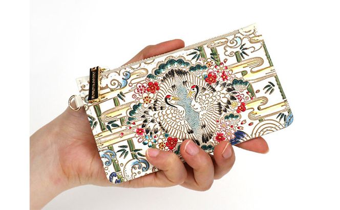 【文庫屋大関】すっきりカードケース　むかい鶴【皮革工芸品】 ファッション小物 雑貨 フラグメントケース 小銭入れ付き 収納 スマート 日本製 鳥 つる ツル 