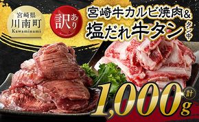 牛肉 牛タン ※発送時期が選べる※【訳あり】宮崎牛カルビ・塩だれ牛タン（タン中） 計1kg 【 肉 宮崎牛 カルビ 牛肉 牛たん たん 厚切り 塩ダレ 塩だれ タン 味付き BBQ 焼肉 焼き肉 焼くだけ おかず 簡単調理 】[B11113]