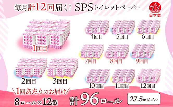 定期便 12ヵ月 連続12回 トイレットペーパー 27.5m ダブル 8ロール 12袋 計96ロール SPS ペーパー 日用品 消耗品 リサイクル 再生紙 無香料 厚手 ソフト トイレ用品 備蓄 ストック 非常用 生活応援 川一製紙 送料無料 岐阜県 美濃市