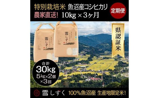 【令和8年産】定期便！農家直送！県認証特別栽培魚沼産コシヒカリ【合計30kg】毎月10kg×3回 精米 ご飯 ブランド米 銘柄米